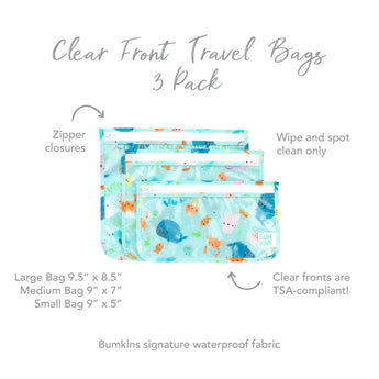 Bumkins Clear Travel Bag 3-Pack: Ocean Life includes ocean-themed, TSA-compliant, reusable bags in Large, Medium, and Small sizes.