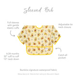 Infographic of Bumkins Sleeved Bib: Bumkins signature waterproof fabric, catch-all pocket, adjustable tie neck closure, 6-24 months.