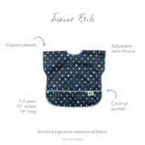 Junior Bib by Bumkins: Super Mario™ Lineup with capped sleeves, adjustable neck, catch-all pocket, and waterproof for ages 1-3.