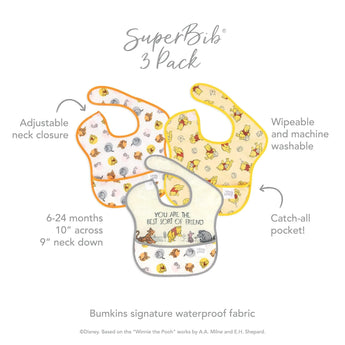 Infographic of Bumkins SuperBib® 3 Pack: Bumkins signature waterproof fabric, adjustable neck closure, catch-all pocket, 6-24 months.