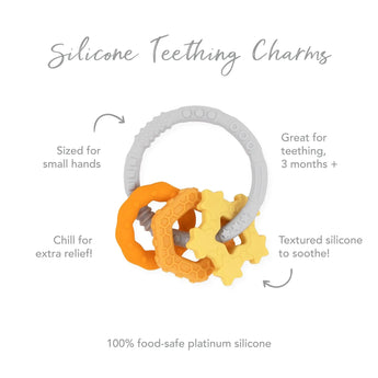 Infographic of Bumkins Silicone Teething Charms: 100% food-safe platinum silicone, sized for small hands, textured silicone to soothe.