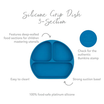 Bumkins Silicone Grip Dish in Dark Blue offers food-safe silicone, deep walls, a strong suction base, and is ideal for toddler portions.
