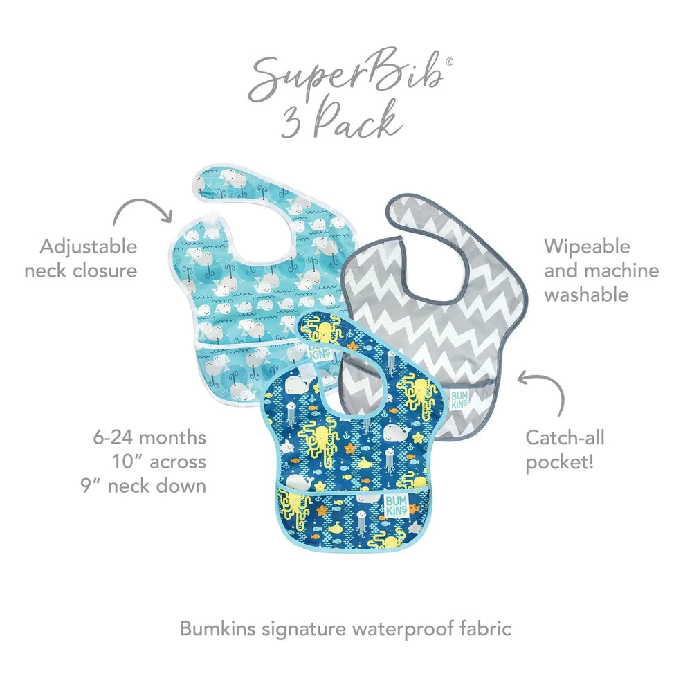 SuperBib® 3 Pack: Sea Friends, Gray Chevron, & Whales Away - Bumkins