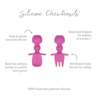 Bumkins Silicone Chewtensils®: Fuchsia offers a spoon and fork set with safety features and textured grip for baby-led weaning.