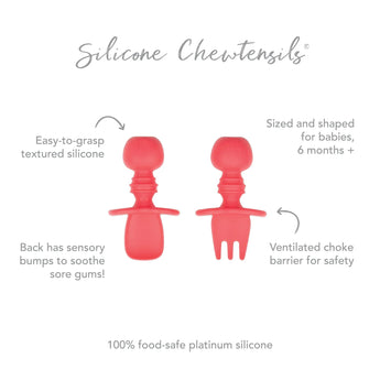 Bumkins Silicone Chewtensils® in red: spoon & fork set designed for baby-led weaning with sensory bumps, safety design, and easy grip.