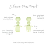 Introducing Bumkins Silicone Chewtensils®: Sage—baby utensils with food-safe silicone, easy-grasp handles, sensory bumps, and a choke barrier.
