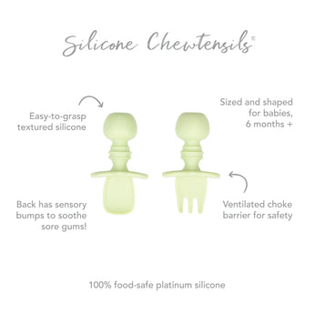 Introducing Bumkins Silicone Chewtensils®: Sage—baby utensils with food-safe silicone, easy-grasp handles, sensory bumps, and a choke barrier.