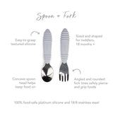 Bumkins Spoon + Fork: Gray features textured handles and rounded ends, made with platinum silicone and stainless steel for self-feeding.