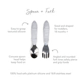 The Bumkins Spoon + Fork: Marble set features easy-grip handles and stainless steel tips, perfect for toddlers learning to self-feed.