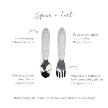 The Bumkins Spoon + Fork: Marble set features easy-grip handles and stainless steel tips, perfect for toddlers learning to self-feed.