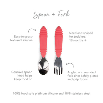 Bumkins Spoon + Fork: Red is a silicone toddler set with easy-to-grasp handles and safe, rounded tines for self-feeding.