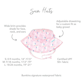 Bumkins Sun Hat: Sea Unicorn features a pink seahorse pattern, wide brim, adjustable drawstring, and machine washable UPF 50+ fabric.