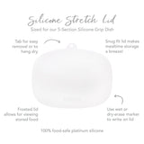 Bumkins Silicone Grip Dish (5 Section) in Gray features a leak-resistant, frosted lid with tab for removal and writable surface.