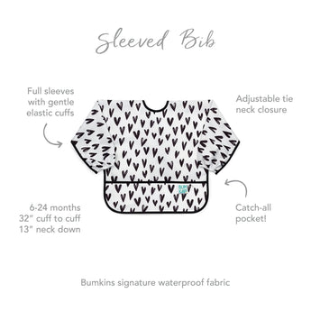 Bumkins Sleeved Bib: Hearts, waterproof, elastic cuffs, adjustable neck closure, with crumb catcher. For ages 6-24 months.