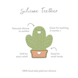 Illustration of Bumkins Silicone Teether: Cactus; textured for soothing relief, chill for comfort, perfect fit for small hands.
