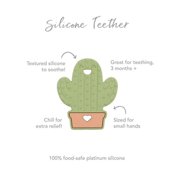 Illustration of Bumkins Silicone Teether: Cactus; textured for soothing relief, chill for comfort, perfect fit for small hands.