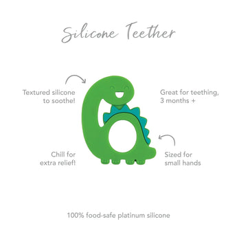 Bumkins Silicone Teether: Dinosaur - textured, chillable for gum relief, easy for small hands. Suitable for babies 3 months+.
