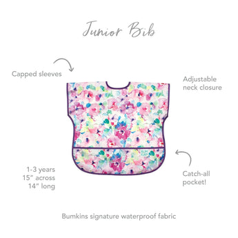 Bumkins Junior Bib: Watercolor features a floral design, capped sleeves, adjustable neck, and catch-all pocket in easy-clean waterproof fabric.