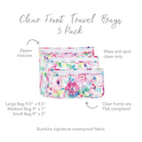 Bumkins Clear Travel Bag 3-Pack: Watercolor features TSA-compliant, reusable bags with floral designs and waterproof fabric.