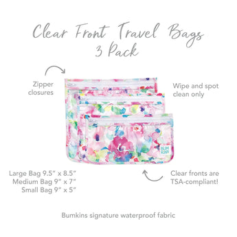 Bumkins Clear Travel Bag 3-Pack: Watercolor features TSA-compliant, reusable bags with floral designs and waterproof fabric.