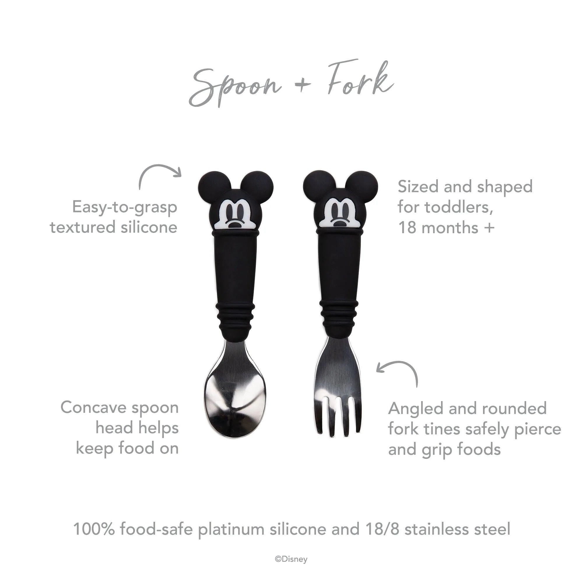 Bumkins Utensils, Disney Mickey Mouse, Silicone for Dipping, Feeding, Baby LED Weaning, Training Spoons