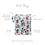 Bumkins Mickey Mouse Classic wet bag features waterproof fabric, a zipper closure, snap handle; reusable, size 12 x 14.