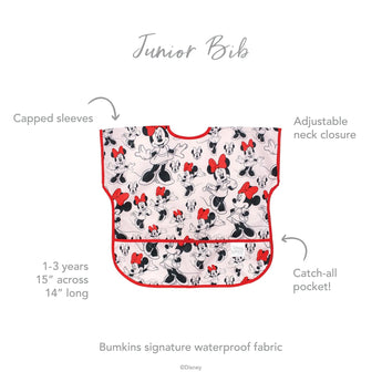 Bumkins Junior Bib: Minnie Mouse Classic offers waterproof fabric, adjustable neck, and catch-all pocket. Perfect for ages 1-3.
