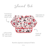 Bumkins Minnie Mouse sleeved bib: Disney print, elastic cuffs, adjustable neck, waterproof with catch-all pocket for ages 6-24 months.