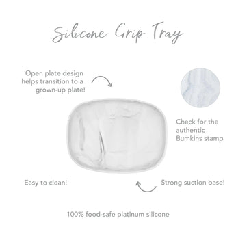 Infographic of Bumkins Silicone Grip Tray: 100% food-safe platinum silicone, strong suction base, open plate design, easy to clean.