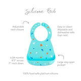 Infographic of Bumkins Silicone Bib: 100% food-safe platinum silicone, adjustable neck closure, easy to clean, large stay-open pocket.