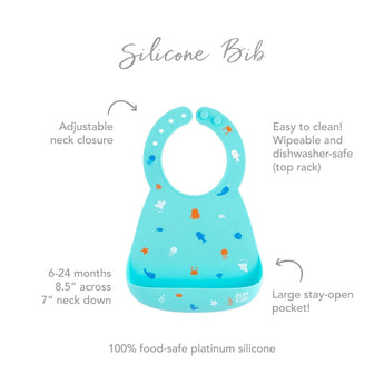 Infographic of Bumkins Silicone Bib: 100% food-safe platinum silicone, adjustable neck closure, easy to clean, large stay-open pocket.