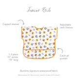 Infographic of Bumkins Junior Bib: Bumkins signature waterproof fabric, capped sleeves, adjustable neck closure, catch-all pocket, 1-3 years.