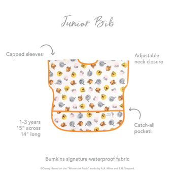 Infographic of Bumkins Junior Bib: Bumkins signature waterproof fabric, capped sleeves, adjustable neck closure, catch-all pocket, 1-3 years.