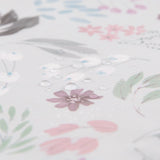 Close-up of water droplets on Bumkins SuperBib®s waterproof, floral fabric with pink, green, and gray leaves.