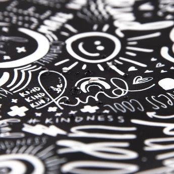 Bumkins Wet/Dry Bag: Be Kind features an abstract black and white doodle pattern with smiles, hearts, and kind words for mental health.