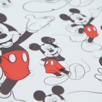 Bumkins Sleeved Bib features Mickey Mouse illustrations with raindrops on a waterproof design.