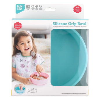 Bumkins Silicone Grip Bowl: Blue in a white packaging box with a photo of a child and a clear window partially displaying the bowl.