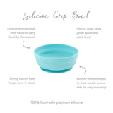 Infographic of Bumkins Silicone Grip Bowl: 100% food-safe platinum silicone, strong suction base, interior ridge, exterior groove.