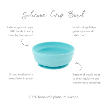 Infographic of Bumkins Silicone Grip Bowl: 100% food-safe platinum silicone, strong suction base, interior ridge, exterior groove.
