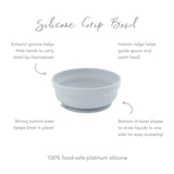 Infographic of Bumkins Silicone Grip Bowl: 100% food-safe platinum silicone, strong suction base, interior ridge, exterior groove.