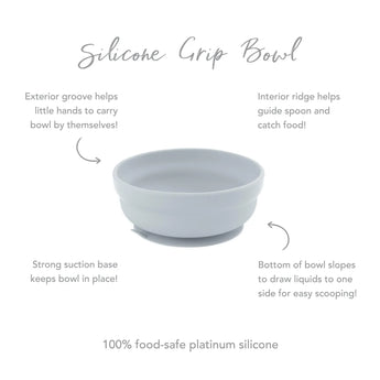 Infographic of Bumkins Silicone Grip Bowl: 100% food-safe platinum silicone, strong suction base, interior ridge, exterior groove.