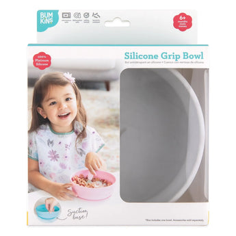 Bumkins Silicone Grip Bowl: Marble in a white packaging box with a photo of a child and a clear window partially displaying the bowl.