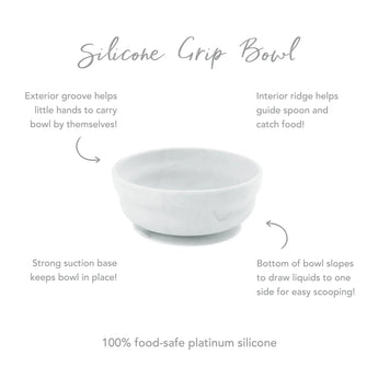 Infographic of Bumkins Silicone Grip Bowl: 100% food-safe platinum silicone, strong suction base, interior ridge, exterior groove.