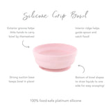 Infographic of Bumkins Silicone Grip Bowl: 100% food-safe platinum silicone, strong suction base, interior ridge, exterior groove.