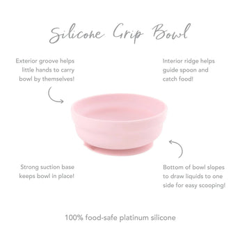 Infographic of Bumkins Silicone Grip Bowl: 100% food-safe platinum silicone, strong suction base, interior ridge, exterior groove.