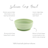 Infographic of Bumkins Silicone Grip Bowl: 100% food-safe platinum silicone, strong suction base, interior ridge, exterior groove.