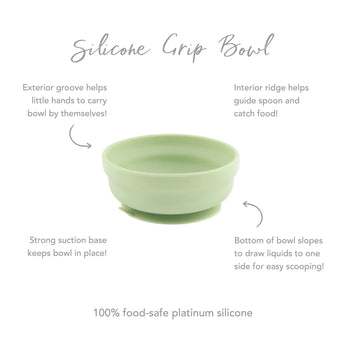 Infographic of Bumkins Silicone Grip Bowl: 100% food-safe platinum silicone, strong suction base, interior ridge, exterior groove.