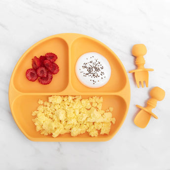 Bumkins Silicone Grip Dish: Tangerine with raspberries, chia yogurt, eggs. Includes fork & spoon.