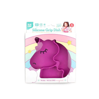 The Silicone Grip Dish Special Edition: Unicorn by Bumkins offers a fun, secure dining experience for toddlers with its rainbow packaging.