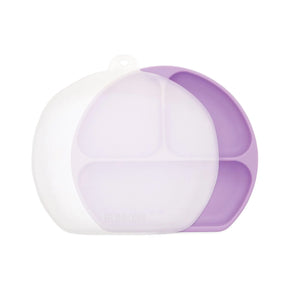 Bumkins Silicone Grip Dish with Lid (3 Section): Lavender features a dish with 3 sections and suction base, and a transparent stretch lid.
